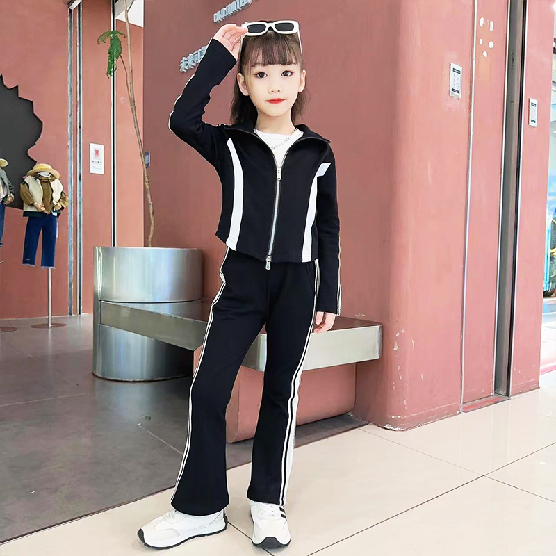 休闲秋季洋气韩版拉链常规女拼色中大童运动时髦套装春季百搭春秋