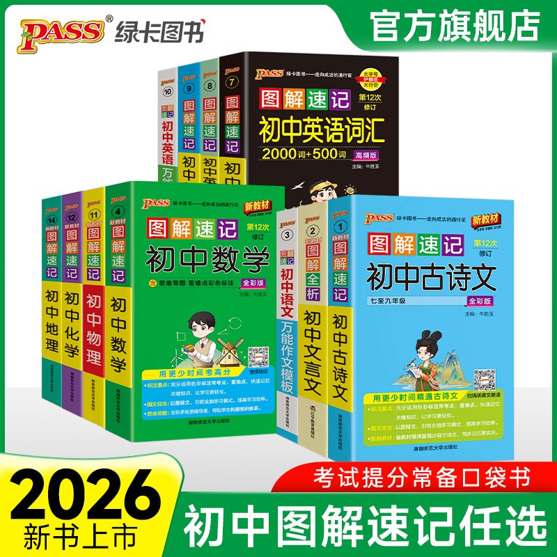 PASS【绿卡】初中图解速记语数英政史地物化生基础知识点小四门