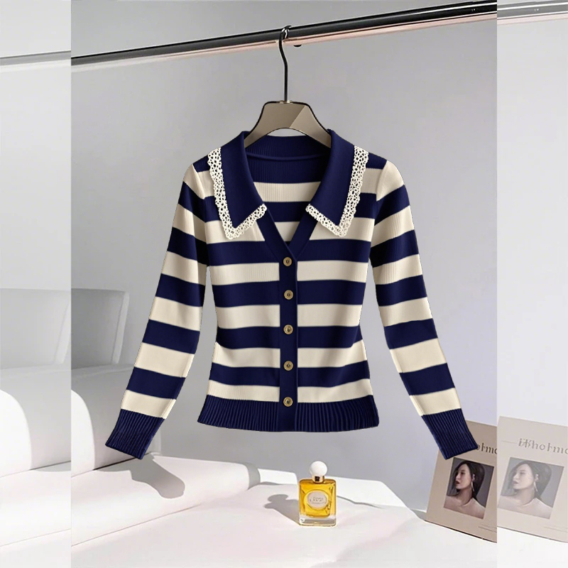 2025早秋季新款韩版条纹毛针织衫慵懒风时尚气质显瘦长袖上衣爆款
