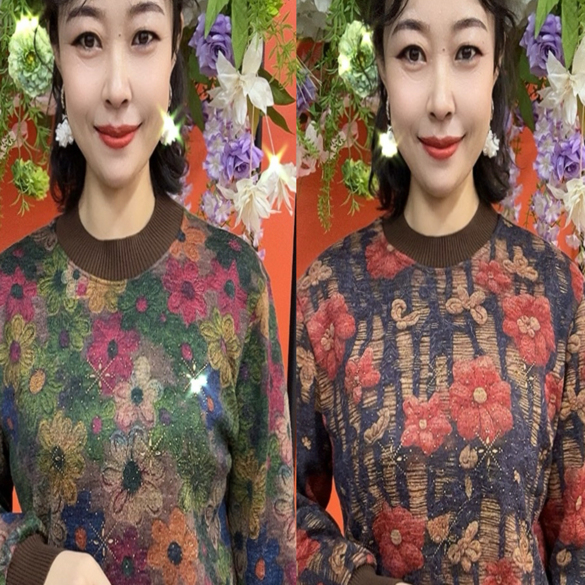 一体绒圆领花朵加绒保暖衫