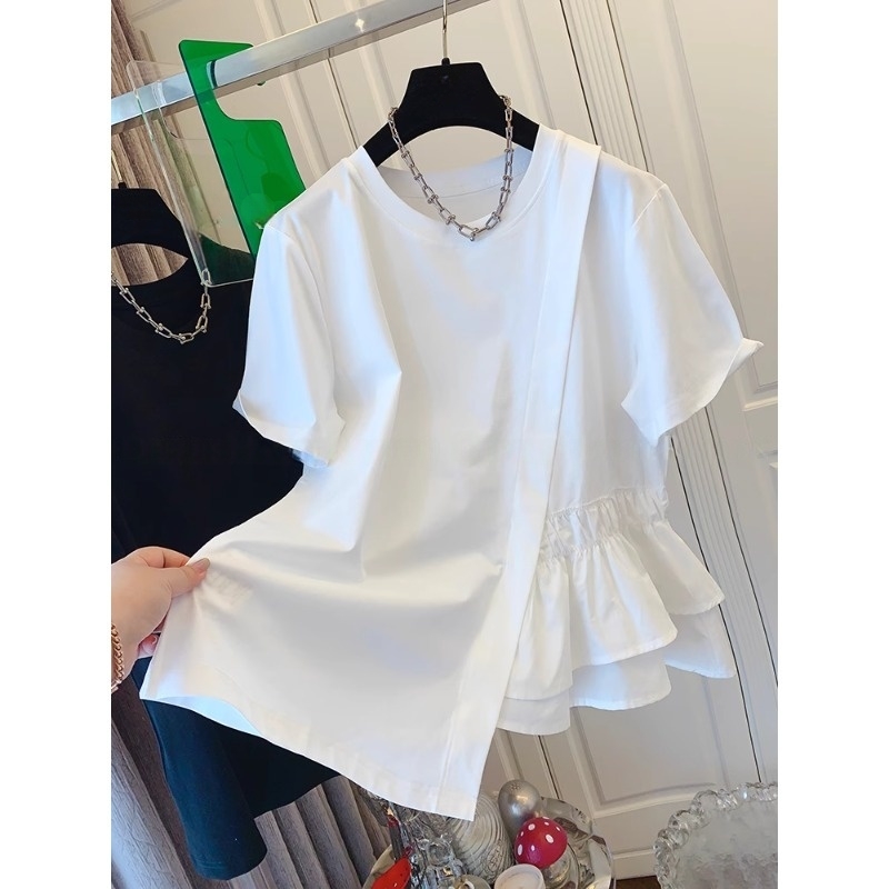 大码女装设计感荷叶边拼接短袖T恤2025夏新款宽松独特漂亮棉上衣