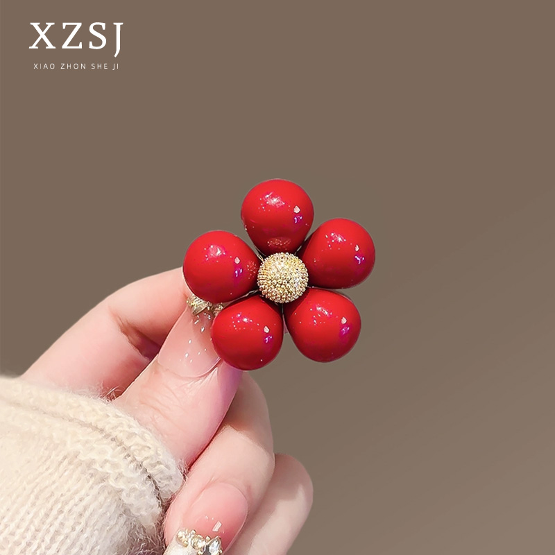 铜仿珍珠胸针 一朵小红花 立体山茶花珍珠胸花高档女小众别针配饰