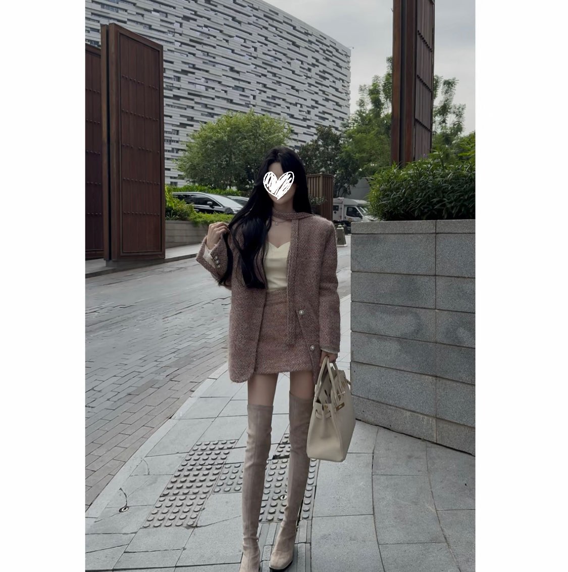 秋冬韩系新款雾紫彩色编织小香加棉(含飘带)保暖外套+半身裙套装