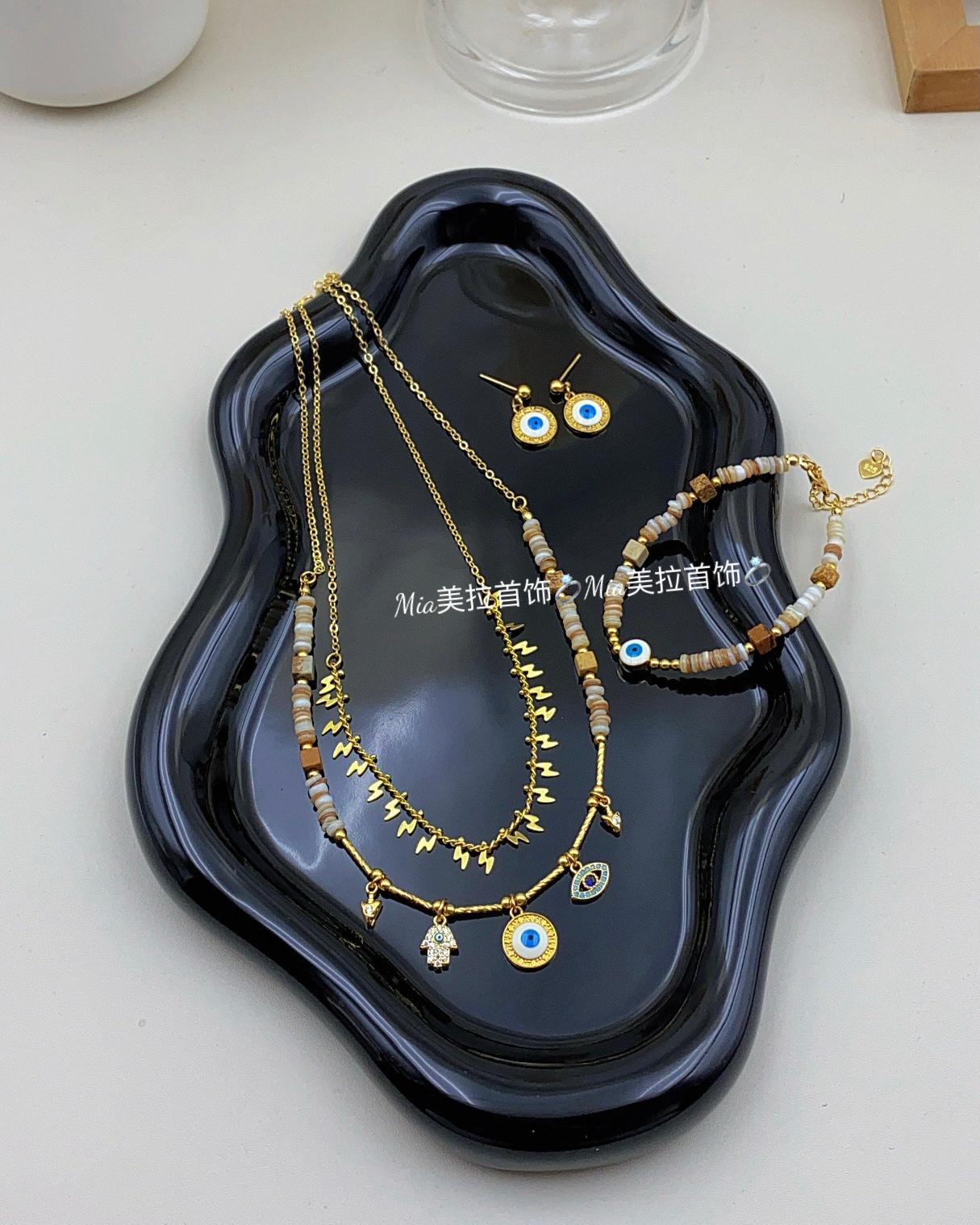 钛钢亚克力项链 锁骨链金色女链子三件套链条饰品小众