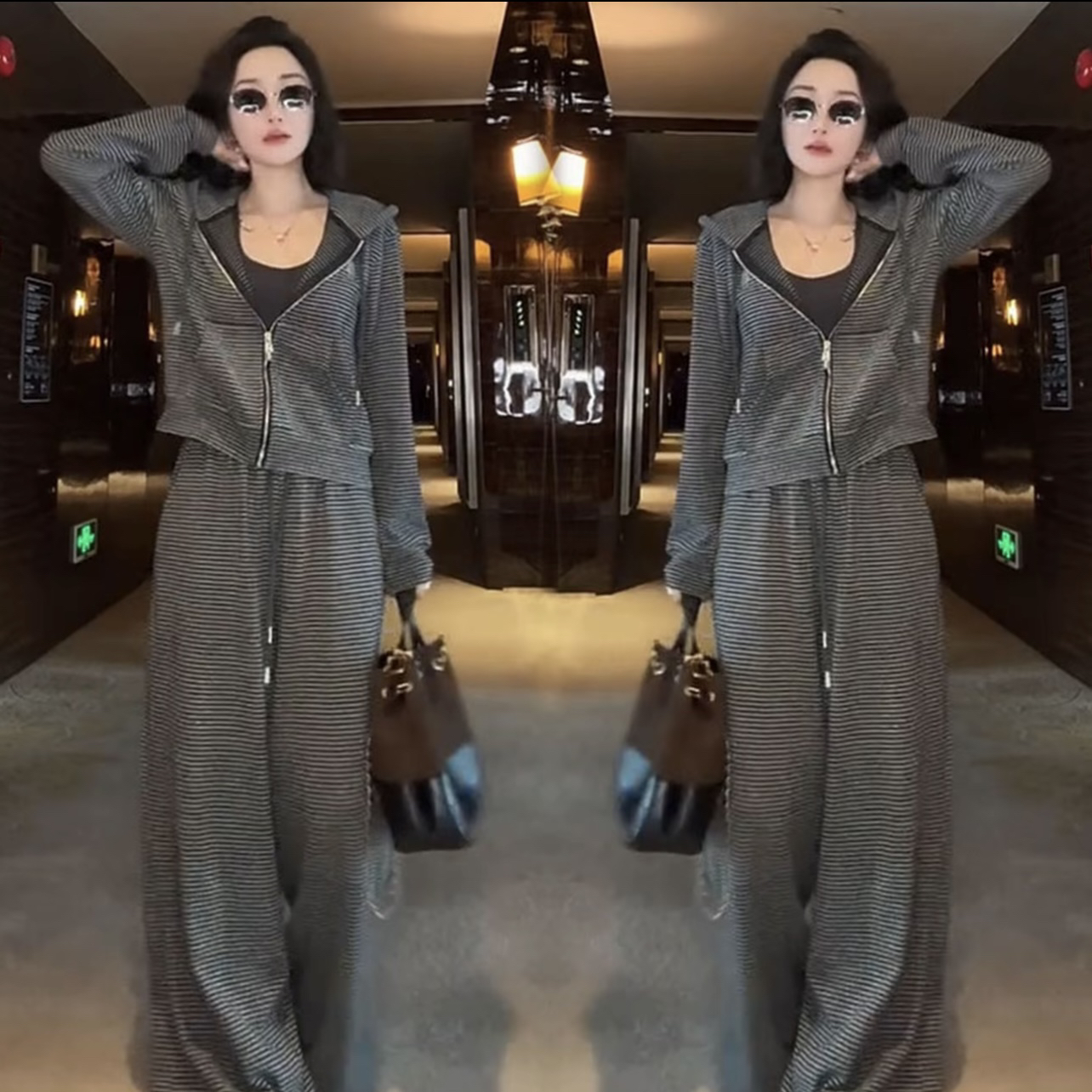 欧货休闲时尚运动套装春秋季新款连帽拉链开衫撞色条纹卫衣两件套