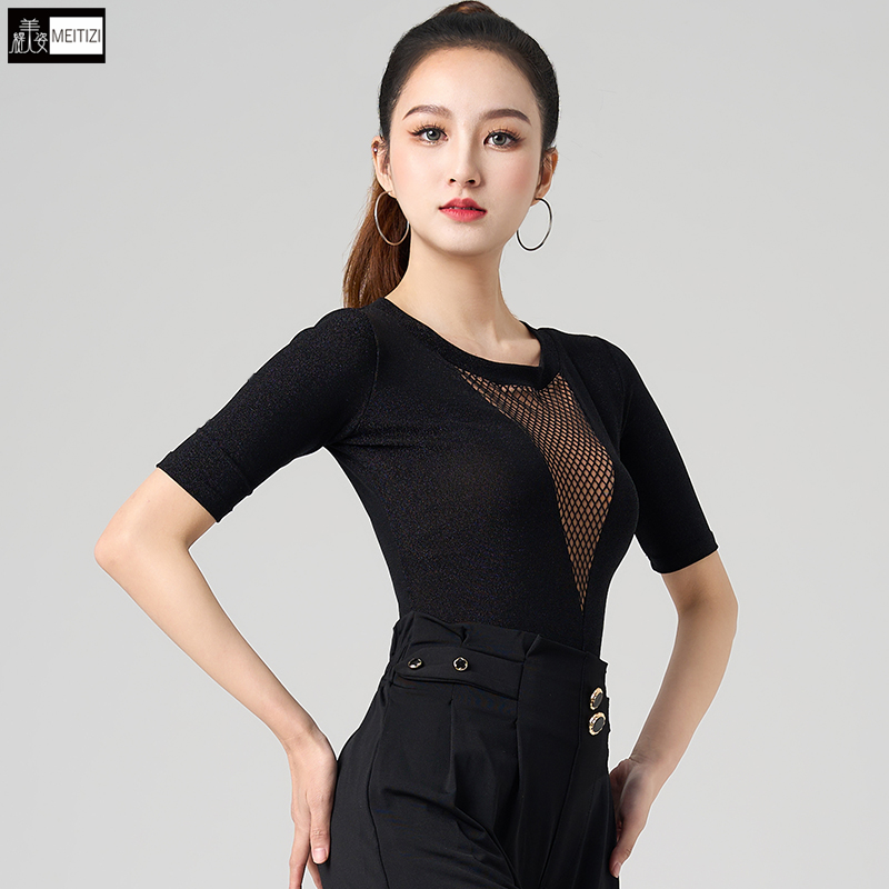 拉丁舞上衣女新款成人跳舞蹈练功服装中袖连体设计感国标摩登舞衣