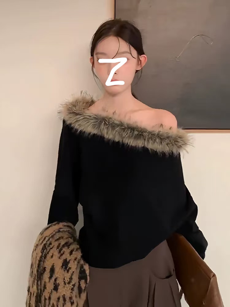 秋冬纯色保暖毛毛领斜肩螺纹包边毛衣5711