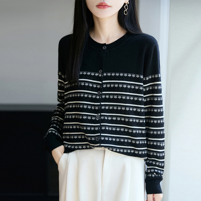 大码女装品牌正品早秋条纹羊毛针织开衫外套女2025新款春秋