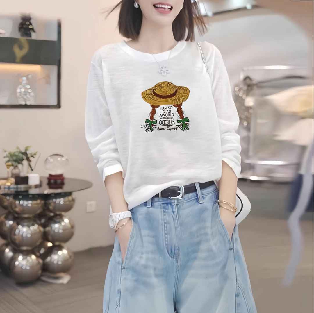 字母印花雪花棉长袖T恤女百搭秋装韩系减龄宽松显瘦上衣服打底衫