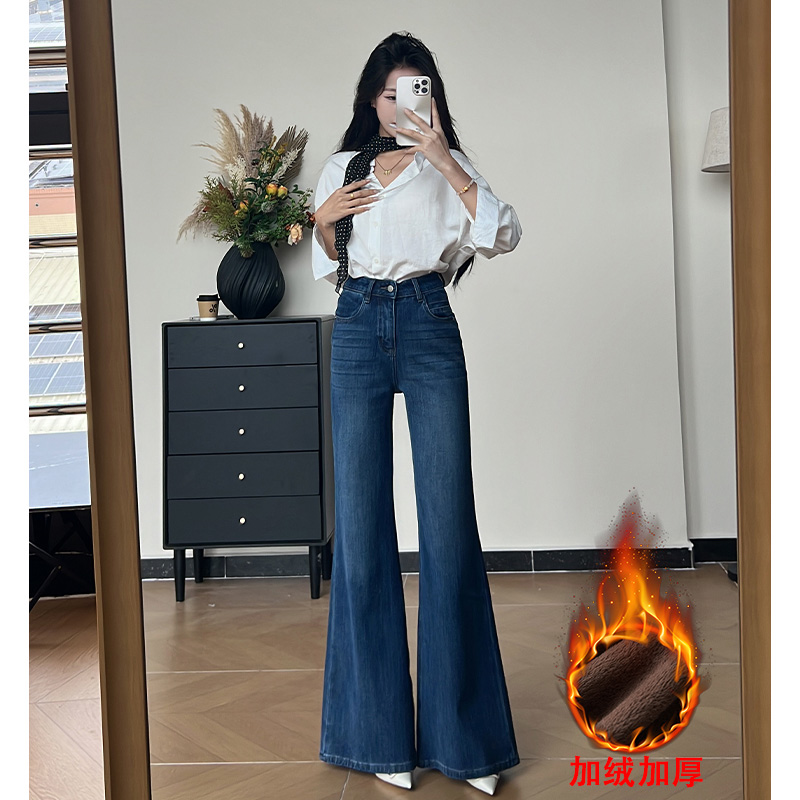 乔栈高腰微喇加绒牛仔裤女2025新款通勤长裤宽松喇叭裤不贴腿深蓝