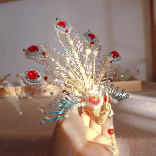 团紫古风汉服金丝凤正凤珍珠新娘流苏发冠华丽古典婚嫁摄影头饰