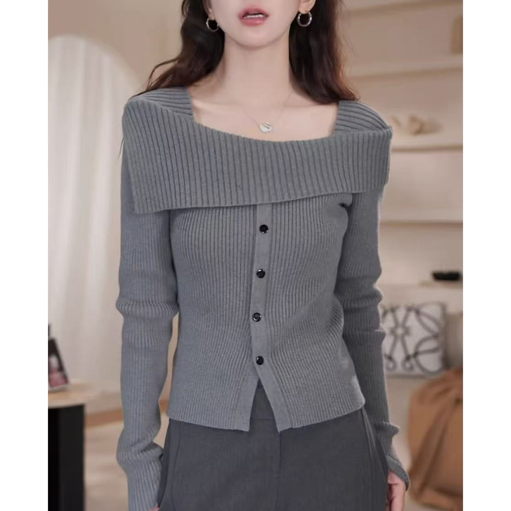 林满满 秋冬翻领设计感小众毛衣针织衫女气质百搭修身温柔风上衣