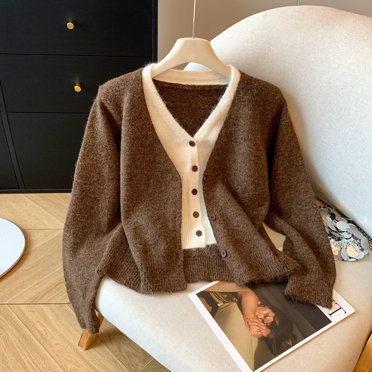 SM潮流长袖撞色v领假两件毛衣针织开衫外套女秋冬新款高级感上衣