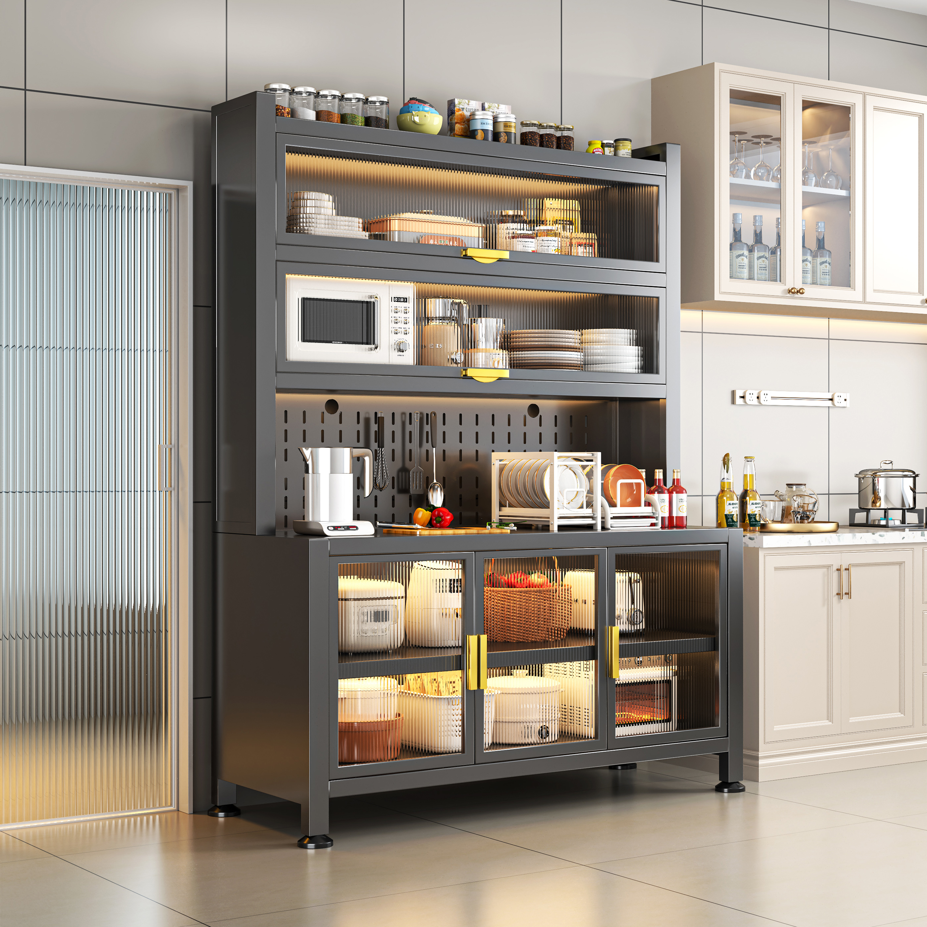 【爆款】餐边收纳柜子储物柜多层带门微波炉锅具落地碗柜碗客厅边柜