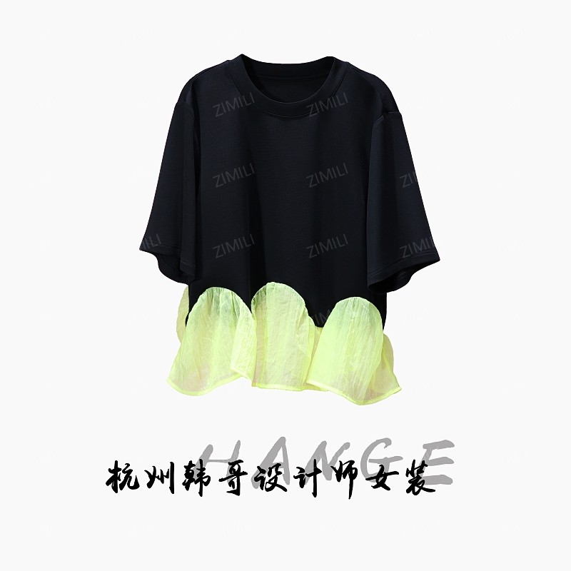 【韩哥女装】2025欧货设计师耀夜黑拼接网纱时尚气质短袖9188-D4