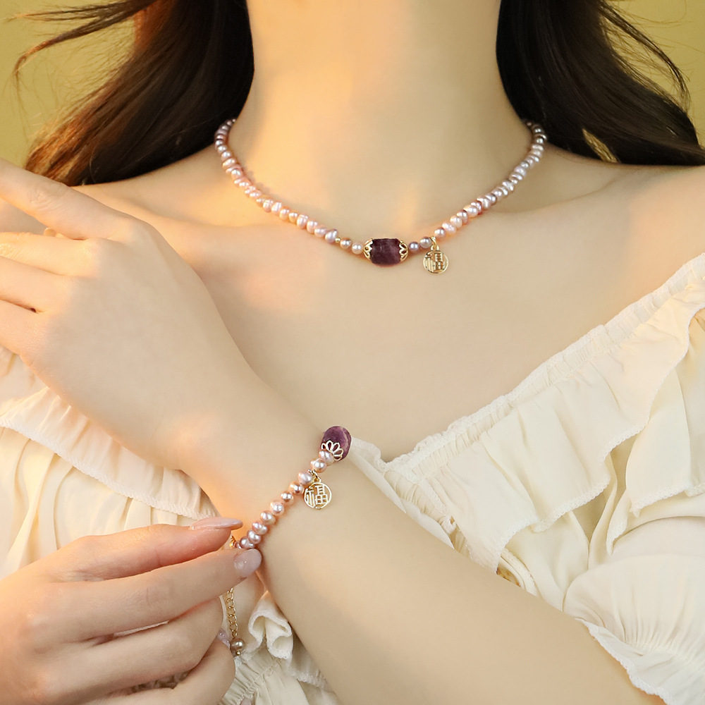 蛇年爆款天然淡水紫色珍珠项链回纹路手链套装高级送闺蜜轻奢礼物