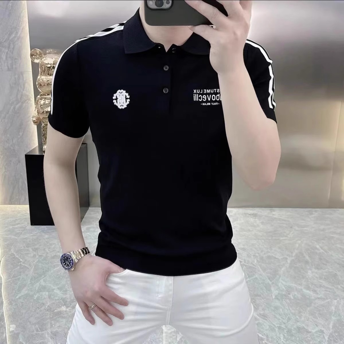 欧货轻奢高品质短袖T恤男针织冰丝POLO衫时尚百搭翻领半袖印花319