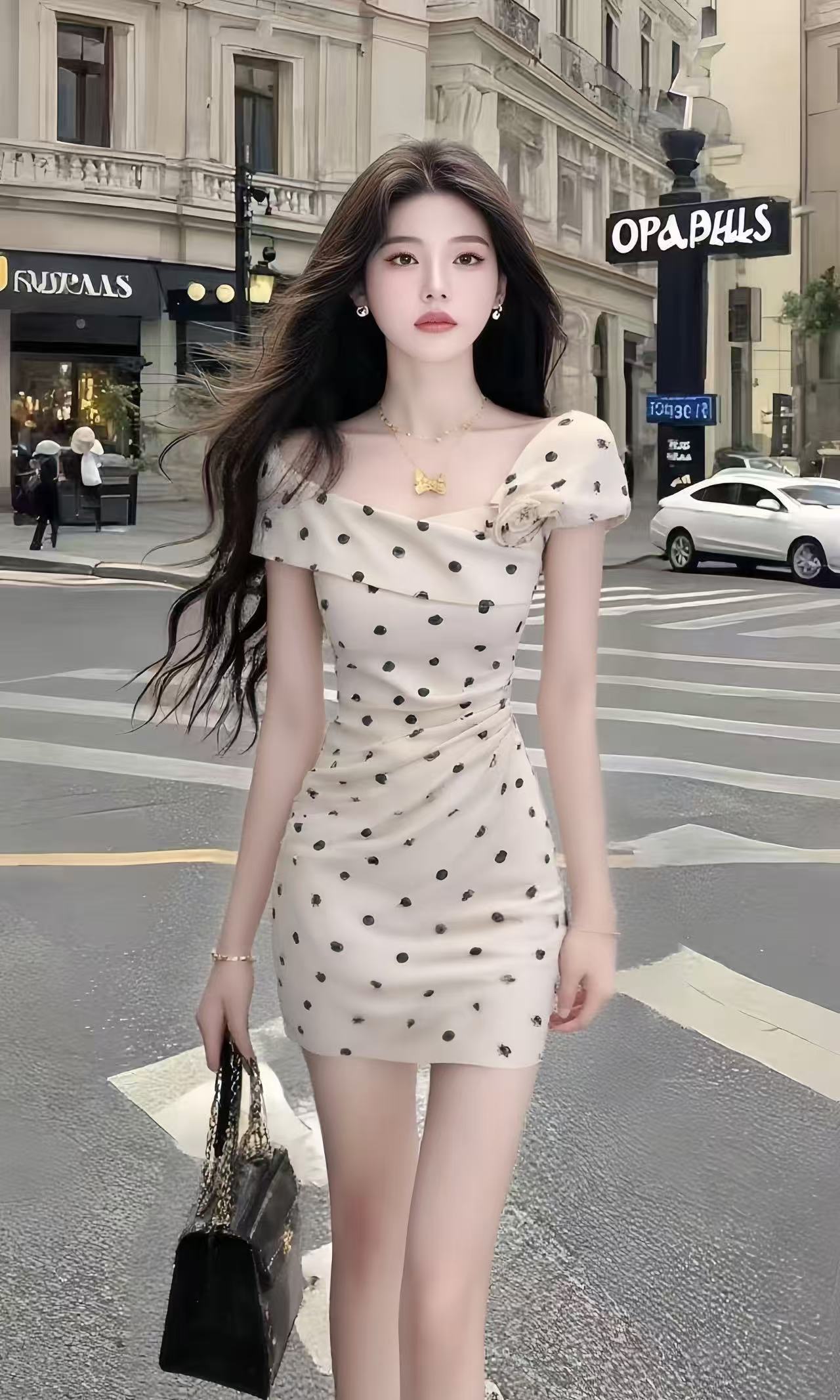 小个子温柔纯欲风不规则修身波点收腰包臀设计感连衣裙女时尚短裙