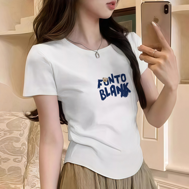夏季短袖常规款圆弧下摆T恤女白色正肩新款宽松体恤小众设计感衣