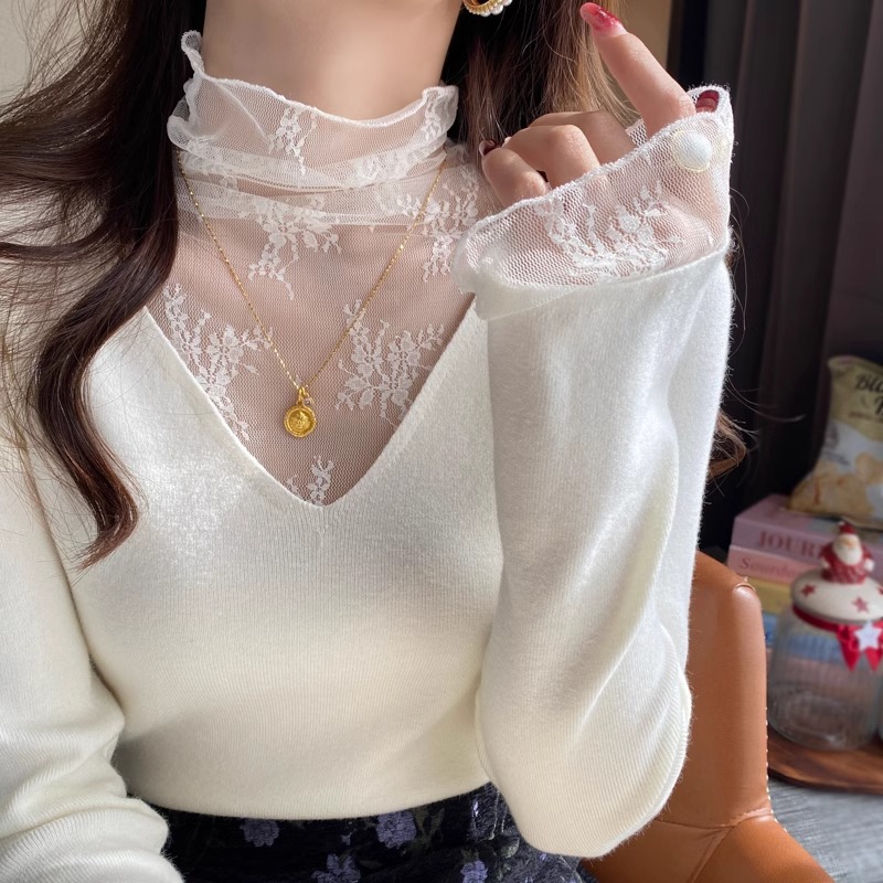 白色V领假两件蕾丝打底衫女内搭2025秋冬新款设计感毛衣针织上衣