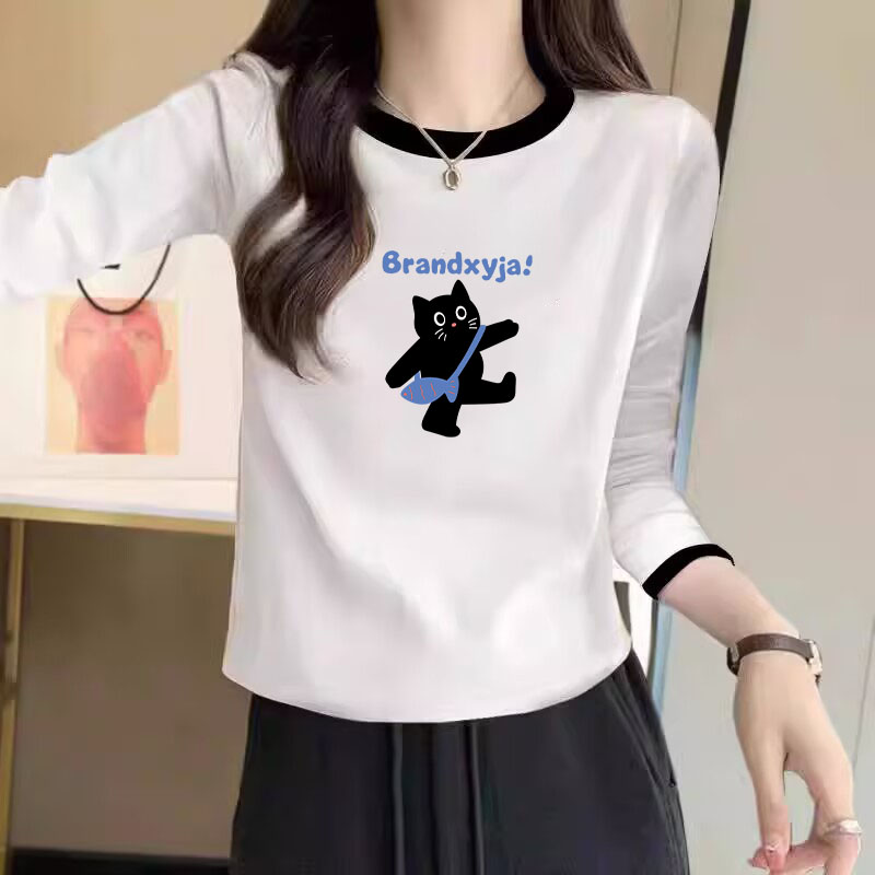 2025年春秋新款长袖打底衫修身圆领撞色正肩显瘦t恤打底女上衣潮