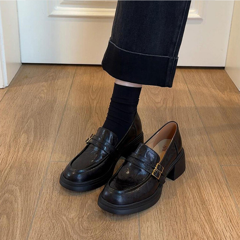 羊皮版~厚底乐福鞋女英伦春秋圆头一脚蹬粗跟单鞋复古黑色小皮鞋