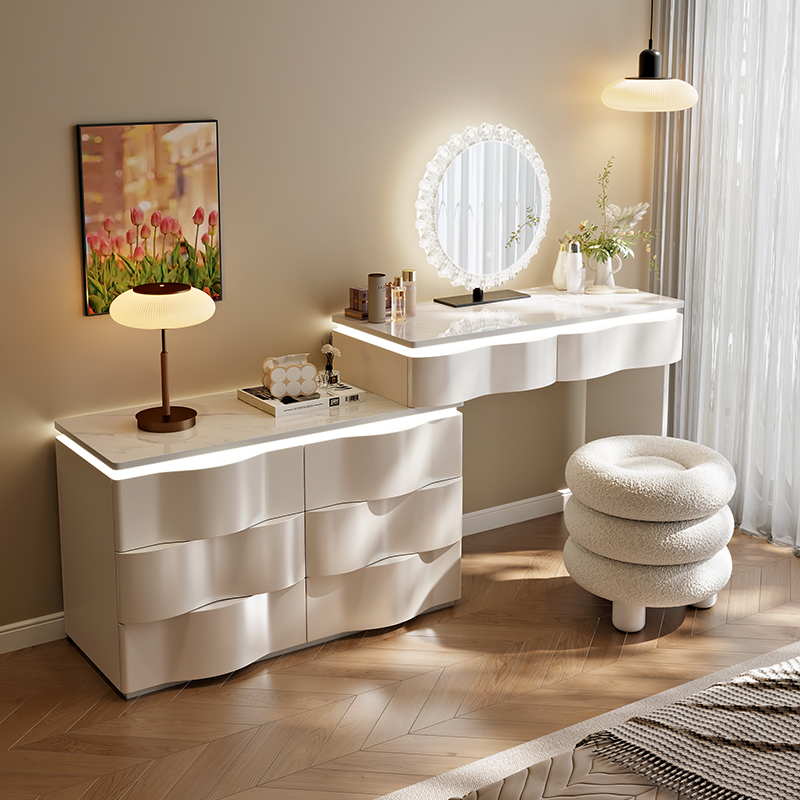 波浪梳妆台斗柜一体现代卧室简约2025新款床尾化妆桌实木收纳柜