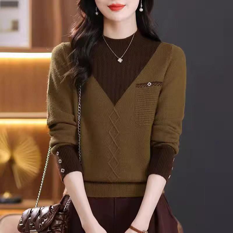 秋冬季新款拼色套头内搭毛衣女针织衫时尚休闲减龄外穿打底衫上衣