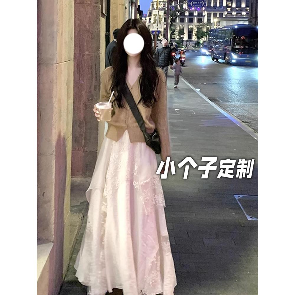 150小矮个子多裁片蕾丝网纱半身裙女春季设计感拼接中长款大摆裙