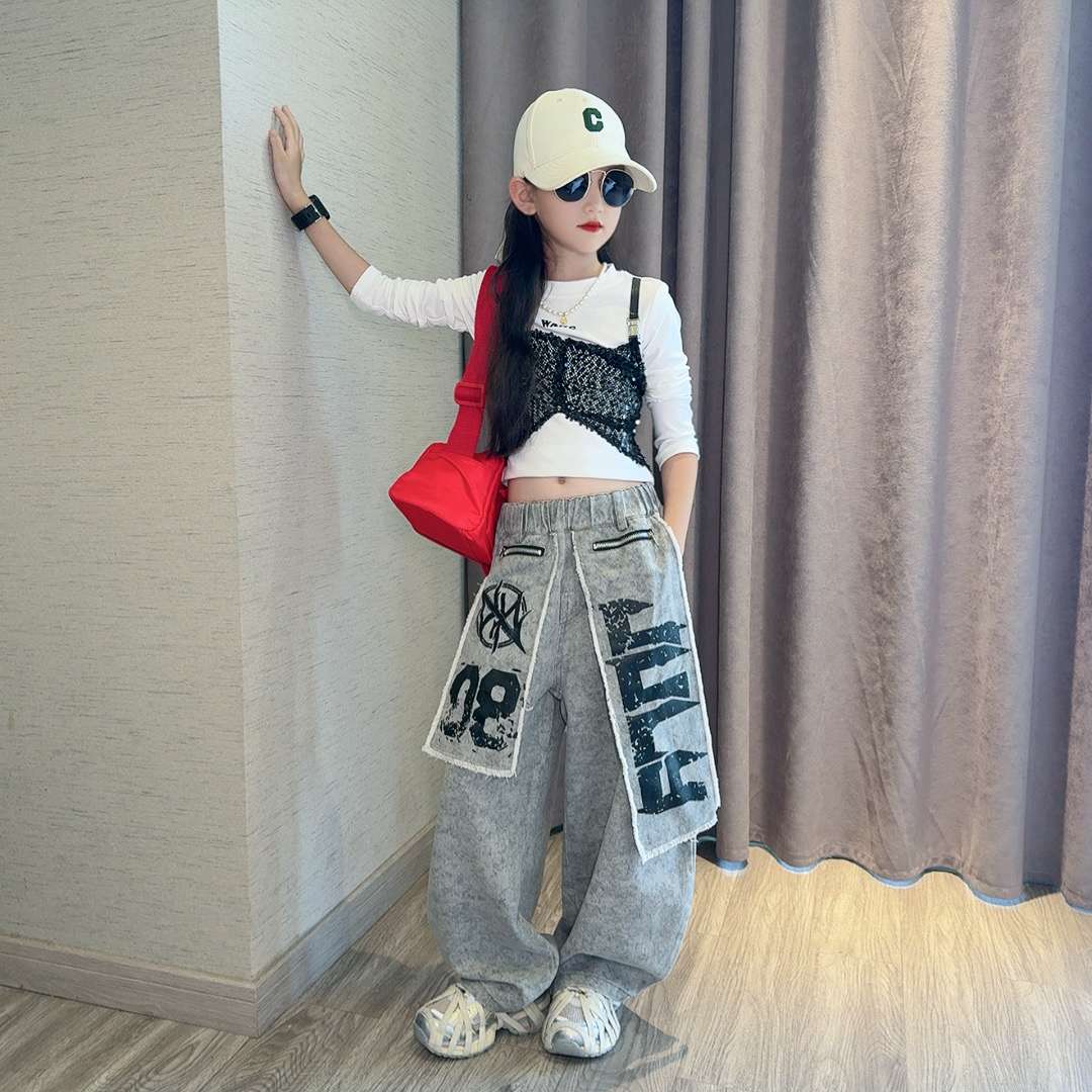 女童潮酷套装2025春秋新款中大童韩系穿搭亮片上衣阔腿裤两件套潮