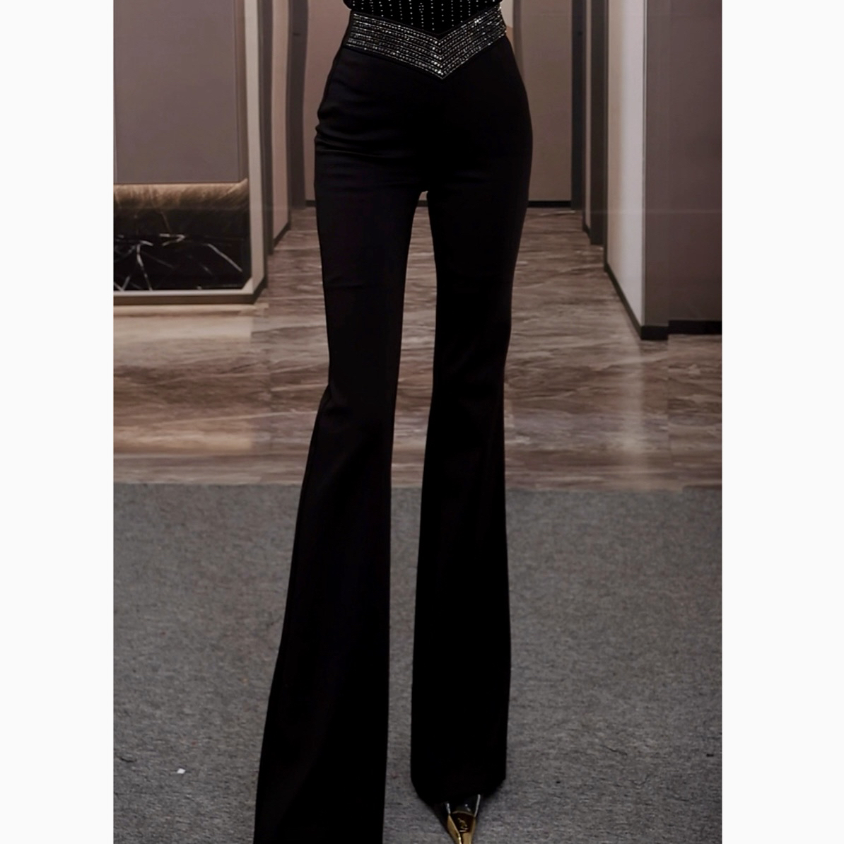 【老板娘原创】冬款必备加厚加绒腰头烫钻高腰显瘦弹力微喇裤80095