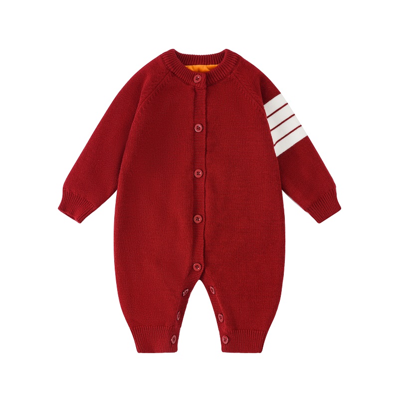 婴儿衣服秋冬加绒加厚针织新生宝宝连体衣新年外出红毛衣长袖爬服