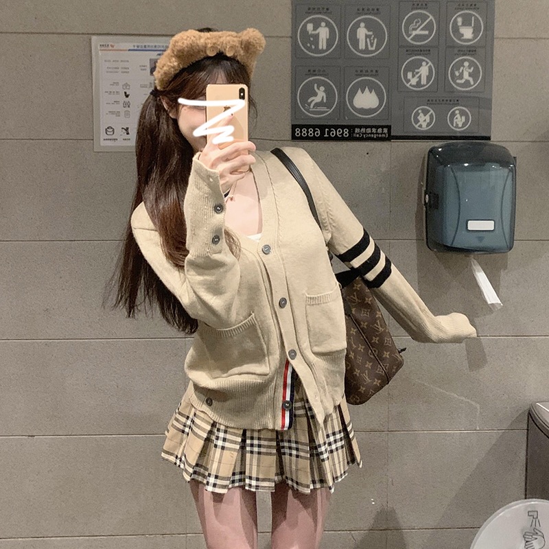 新款学院风复古撞色v领针织毛衣女早秋季宽松高级感上衣外套