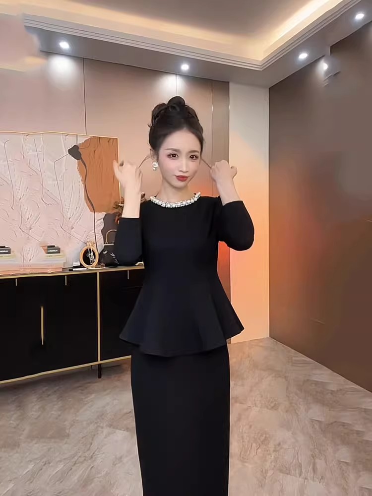 名媛风秋季新收腰显瘦两件套荷叶边上衣半身裙套装黑色小香风