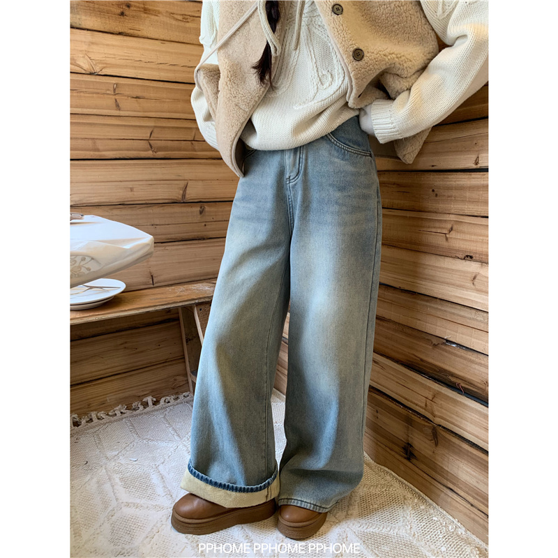 浅色松弛感 复古阔腿牛仔裤秋冬加绒直筒拖地裤长裤