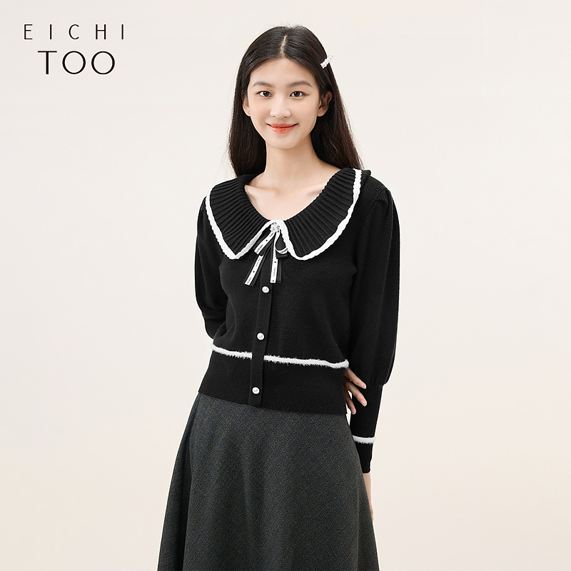 爱居兔小香风时尚撞色翻领设计感长袖针织衫ENZAJ3N021A