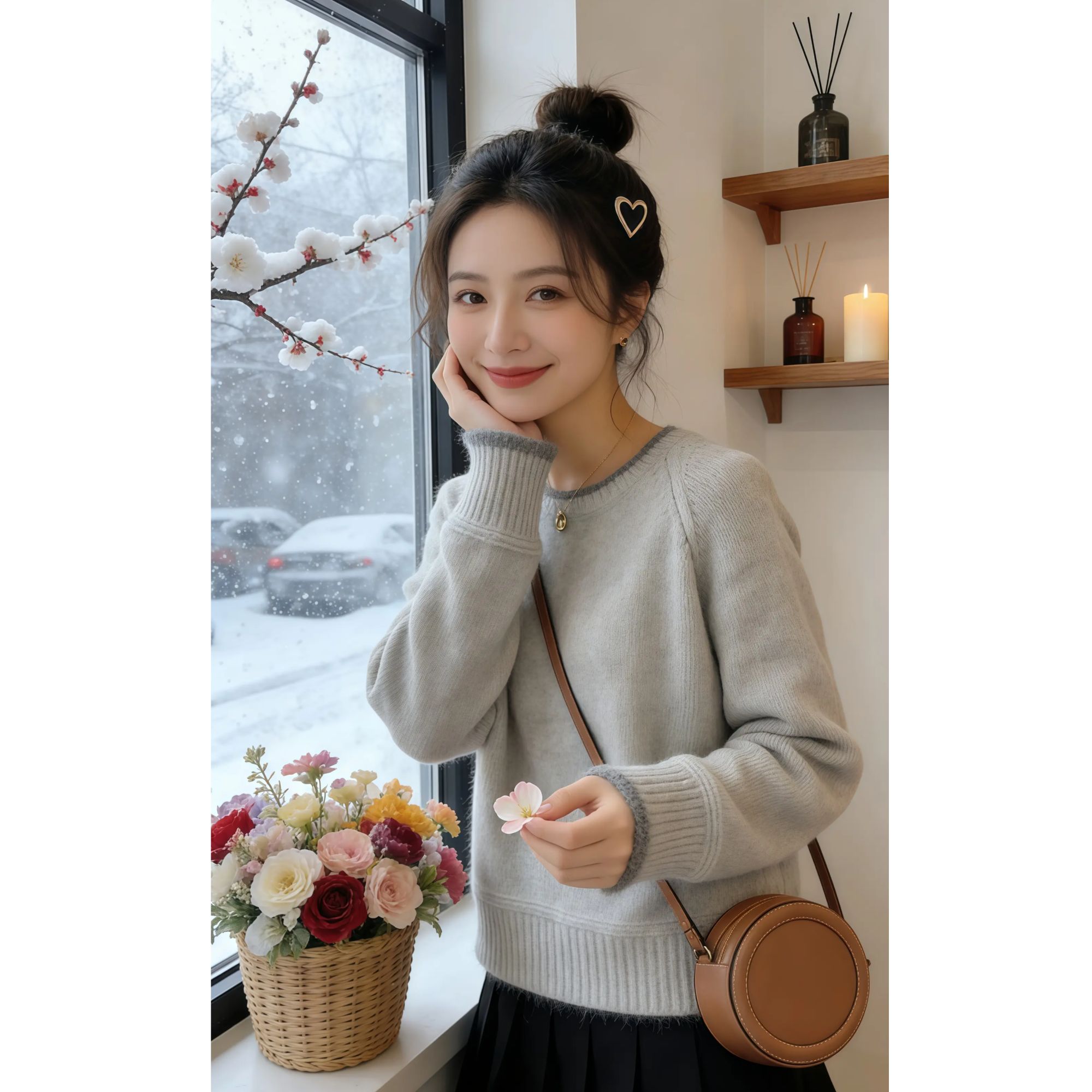 慵懒风灰色圆领休闲针织衫毛衣女2025冬季新款宽松百搭打底衫上衣