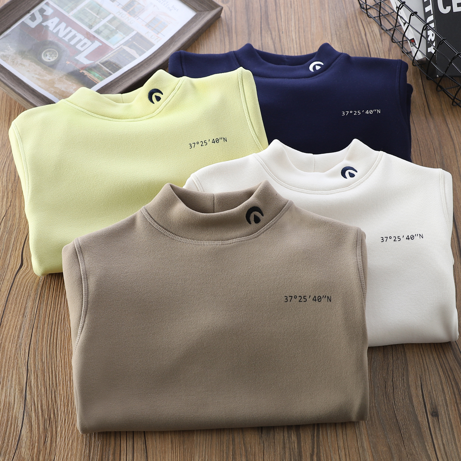 儿童男童2025秋冬季新款字母刺绣加厚加绒半高领打底衫中大童T恤