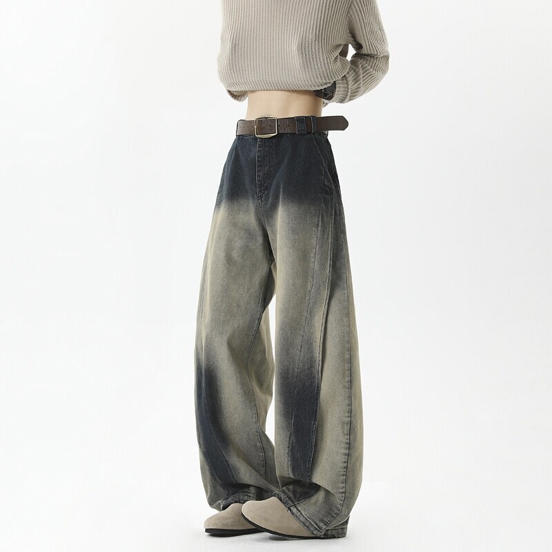 水洗做旧牛仔裤男夏季薄款高腰解构设计感弯刀裤子美式高街阔腿裤