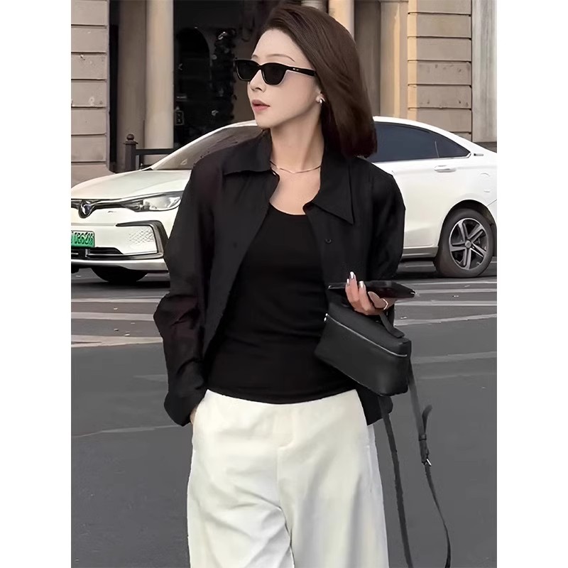 法式高级感黑色短款长袖衬衫女2025新款早春宽松小个子防晒上衣女