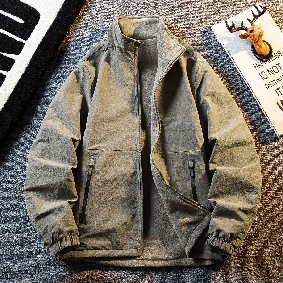 户外加厚摇粒绒夹克男士冬季保暖防风立领两面穿加绒外套男冬