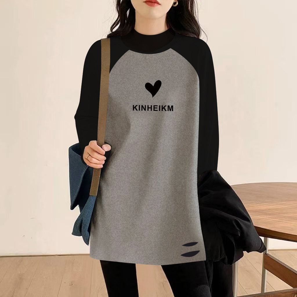 破洞设计长袖加厚内搭外穿秋冬季中长款磨毛t恤搭配鲨鱼裤的上衣