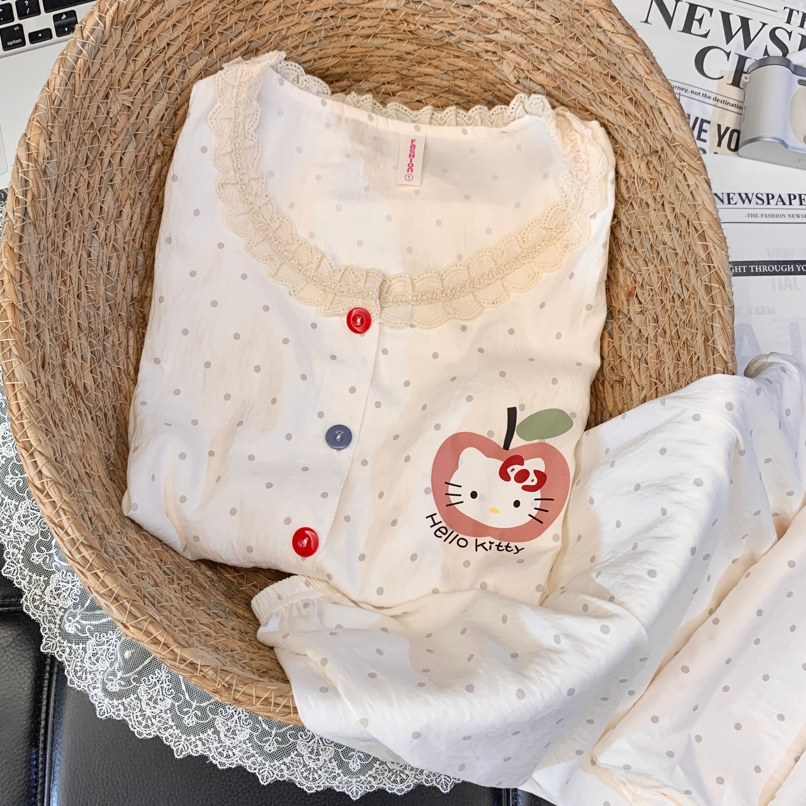 【圆领花边苹果KT猫】长袖云朵绵可爱甜美睡衣少女套装春秋家居服