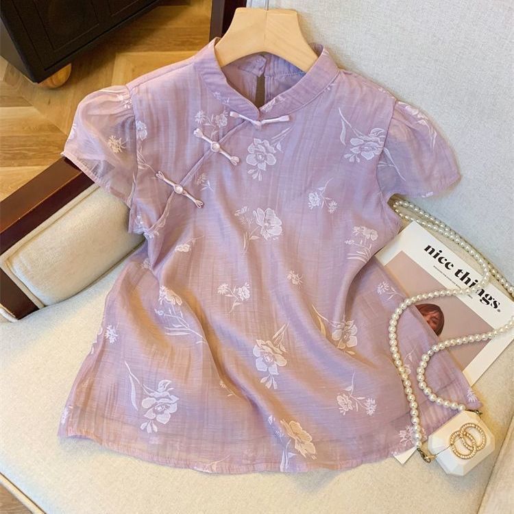 新款新中式盘扣印花短袖衬衫女洋气国风旗袍领小上衣遮肚子雪纺衫