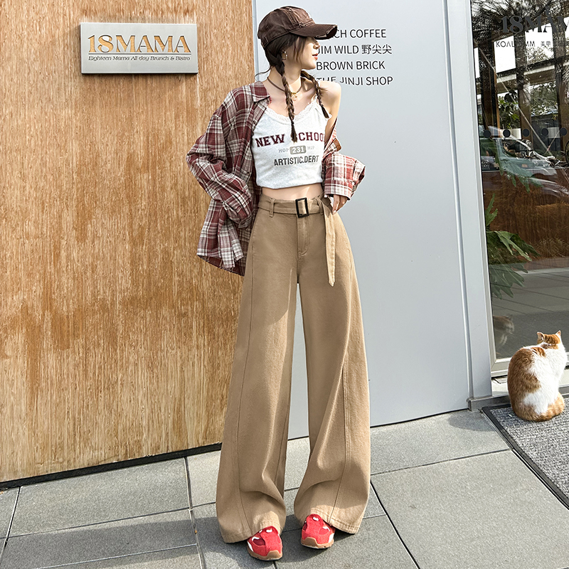【送腰带】卡其色高腰阔腿牛仔2025春季新款宽松显瘦休闲直筒拖地裤