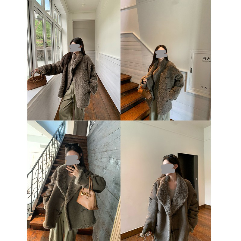 2026年秋冬季新款双面穿仿羊羔毛麂皮牛角扣外套女一体上衣