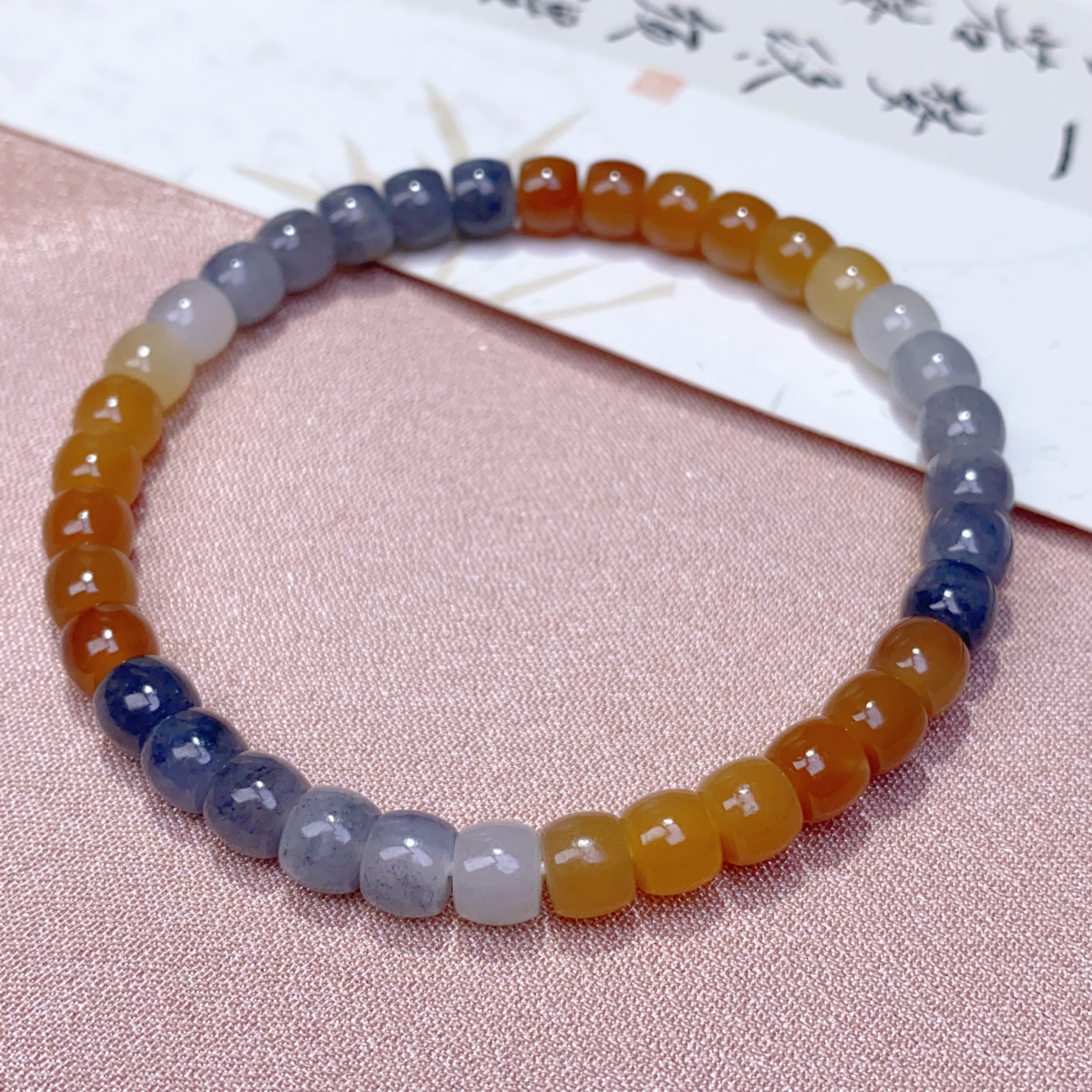 天然和田玉楼兰三色多宝直切手链约6*5mm素单圈手串糖玉青花@0006