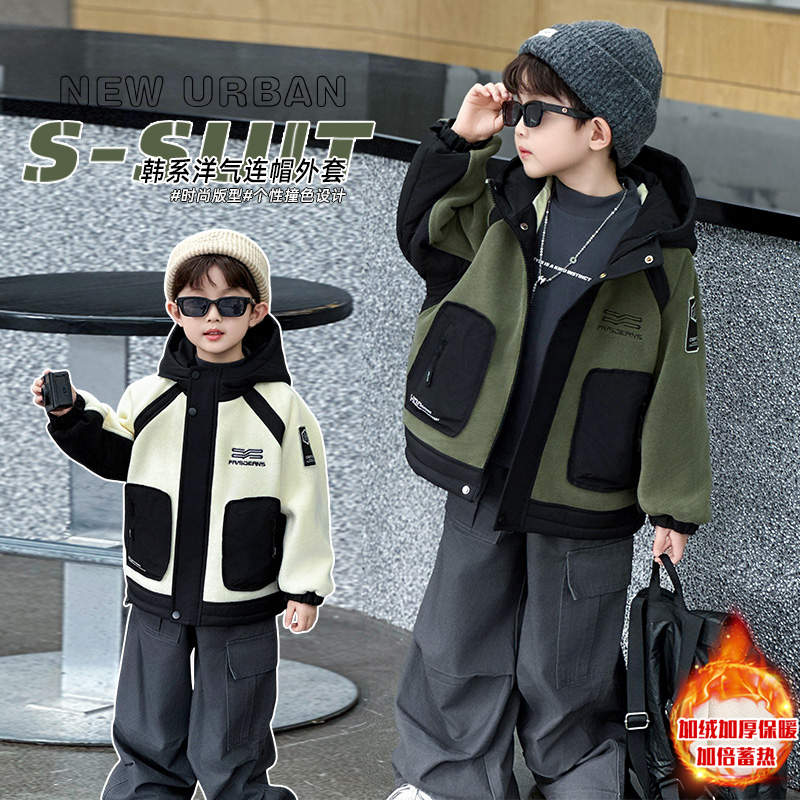 男童秋冬装奥利绒外套2025新款儿童加厚夹克衫宝宝帅气毛毛衣服潮
