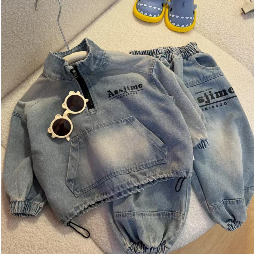 新品套装儿童贴布水洗复古软牛仔裤男女童春秋韩版洋气外套上衣潮