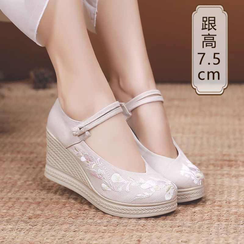 老北京布鞋女民族风绣花鞋坡跟古装汉服鞋厚底增高古风旗袍茶服鞋